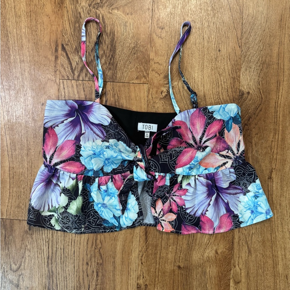 Tobi Women’s Medium Tie Front Crop Top Shirt Tropical Floral Print